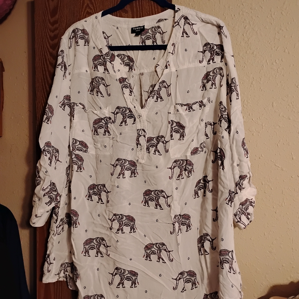 Torrid White Blouse with Elephant Print